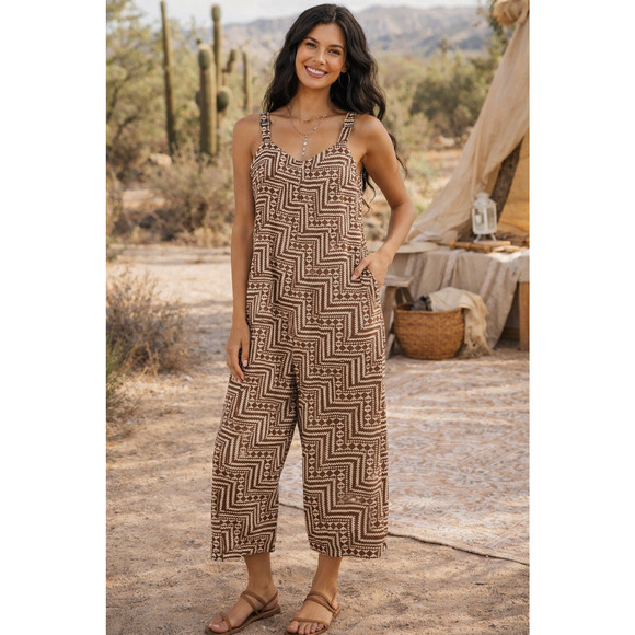 Adrienne Pants - Womens Aztec Print Wide Leg Geometric Jumpsuit Overalls One Size Viscose Brown